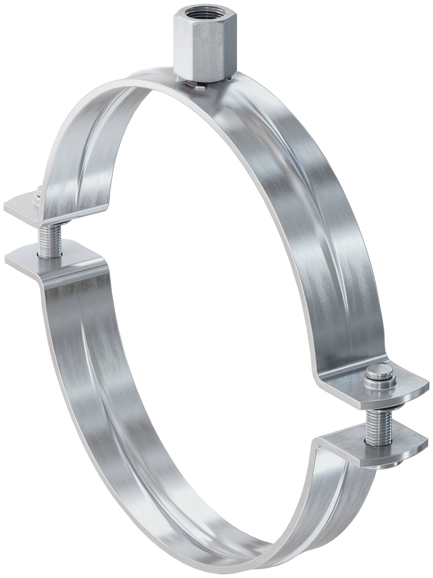 Collier de tuyauterie métallique avec connecteur fileté en haut et pattes de montage boulonnées, présenté isolé sur fond blanc.