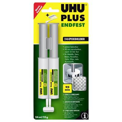 'Emballage de la colle époxy bi-composante UHU PLUS ENDFEST, 24ml/25g. Point fort : extrêmement résistante, utilisable pendant 90 minutes, adaptée au métal et bien plus.'