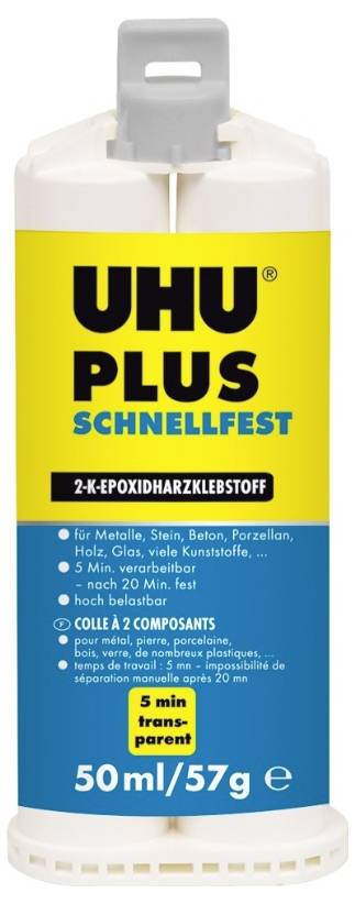Un tube de colle époxy bi-composant 'UHU Plus Schnellfest', 50 ml/57 g, pour métal, pierre, béton, surfaces poreuses, transparente en 5 minutes.