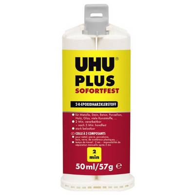 Un tube de colle portant l'inscription 'UHU Plus Sofortfest', colle époxy bicomposante, 50ml. Adapté à divers matériaux.