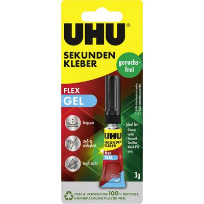 Tube de colle instantanée UHU FLEX GEL, emballage tube, étiquetée « sans odeur », « flex gel », 3g, « 100% recyclé » et convenant à différents matériaux.