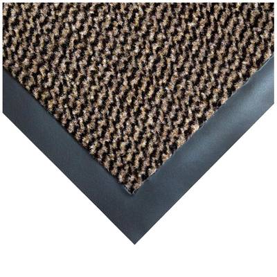 Coin d'un tapis de sol rectangulaire en tissu brun à motifs, avec une bordure noire sur un fond blanc.