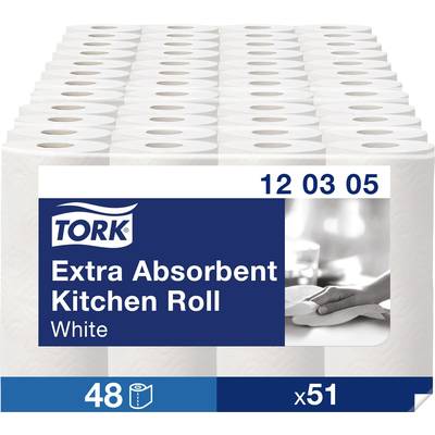 «Grand paquet d'essuie-tout Tork, extra absorbant, blanc, 48 rouleaux, 51 feuilles par rouleau.»