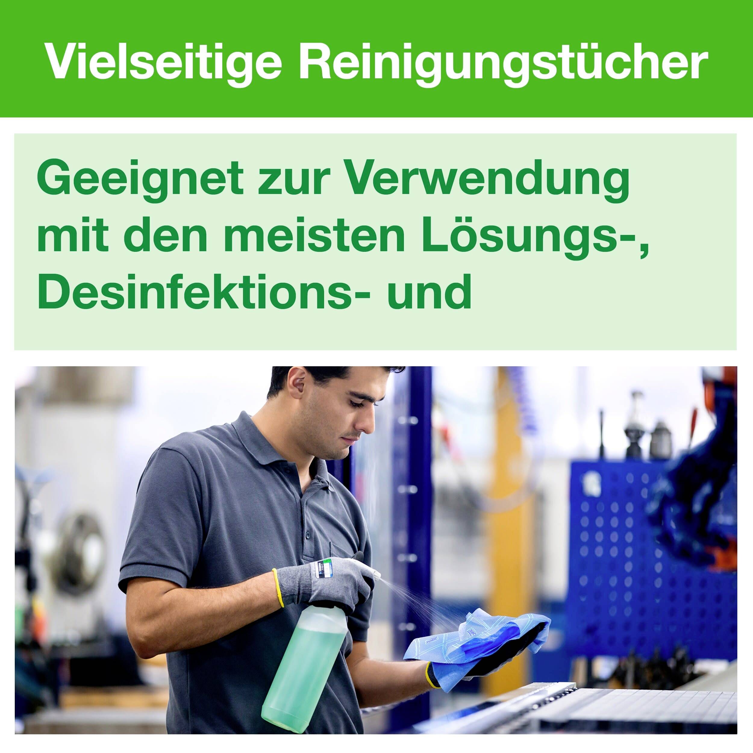 Un homme nettoie quelque chose avec un chiffon dans un environnement d'atelier. Dans le texte vert et blanc, il est écrit : « Lingettes de nettoyage polyvalentes, Adaptées à une utilisation avec la plupart des solutions, désinfectants et ».
