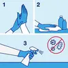 Instructions illustrées pour le nettoyage : 1. Mettez des gants. 2. Prenez des essuie-tout. 3. Utilisez un désinfectant contre les germes.