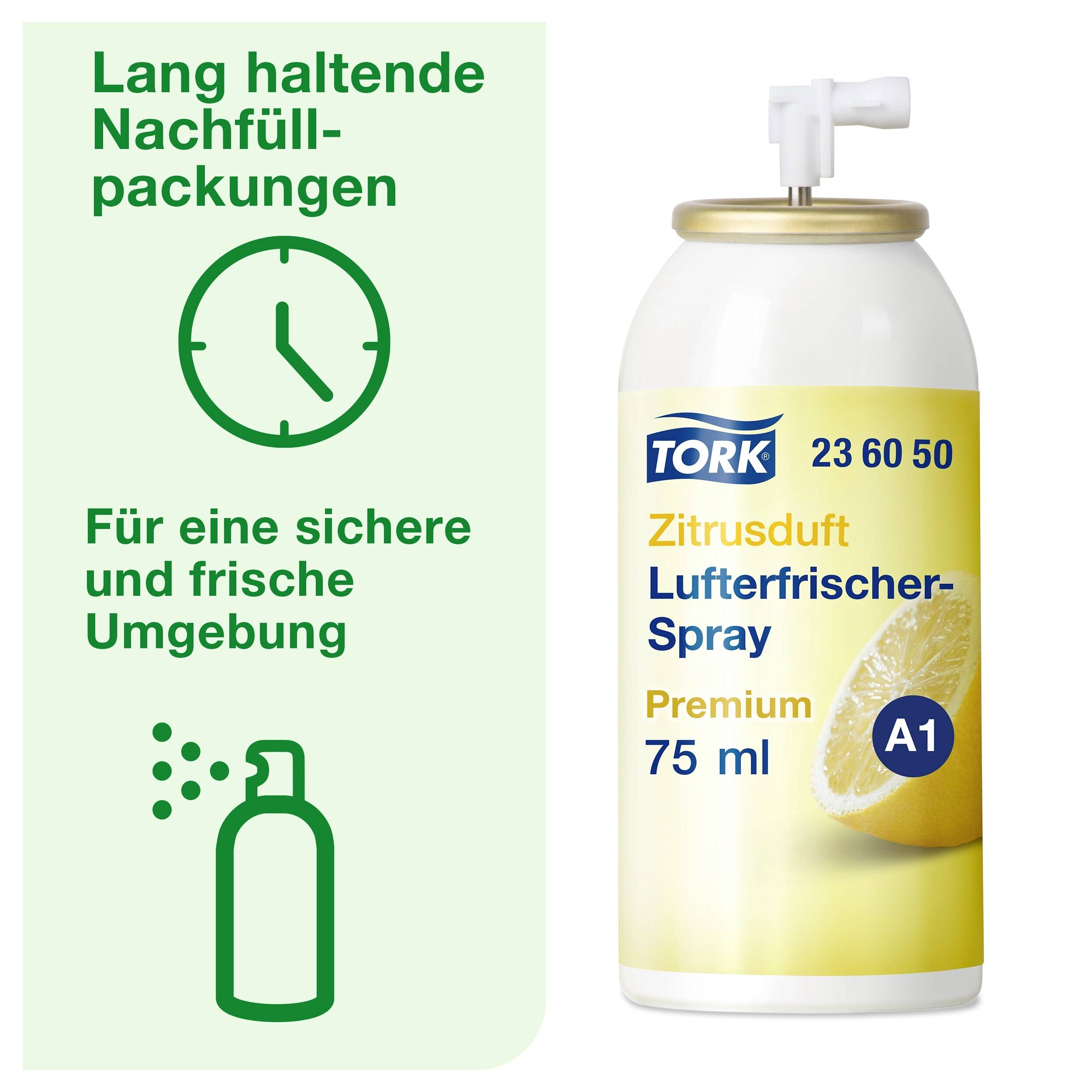 Spray désodorisant Tork à l'arôme d'agrumes de 75 ml. Texte : 'Recharges de longue durée. Pour un environnement sûr et frais.'