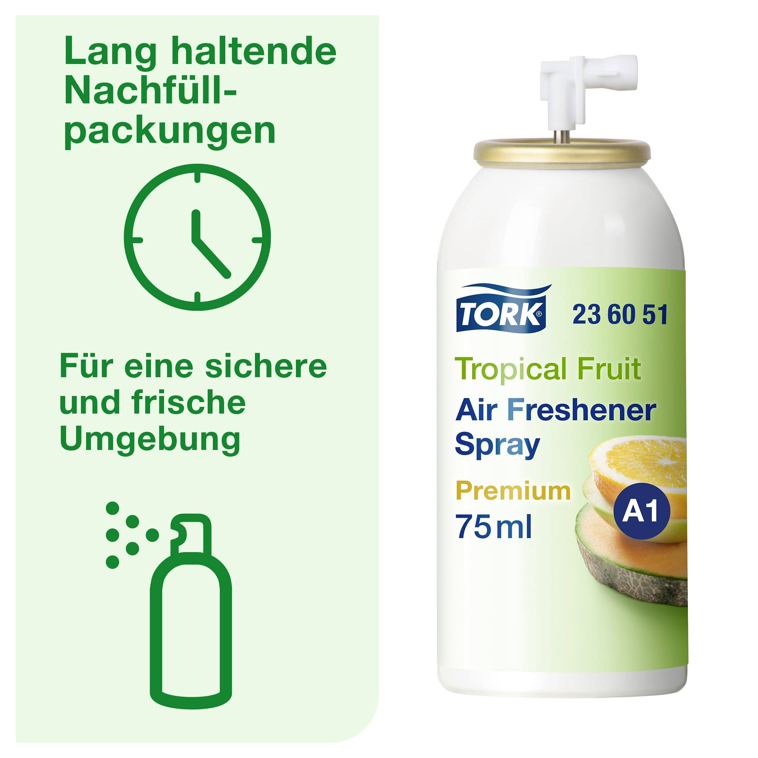 Recharge longue durée pour un environnement sûr et frais. L'image présente le spray d'ambiance Tork Fruits Tropicaux de 75 ml avec un motif d'orange.