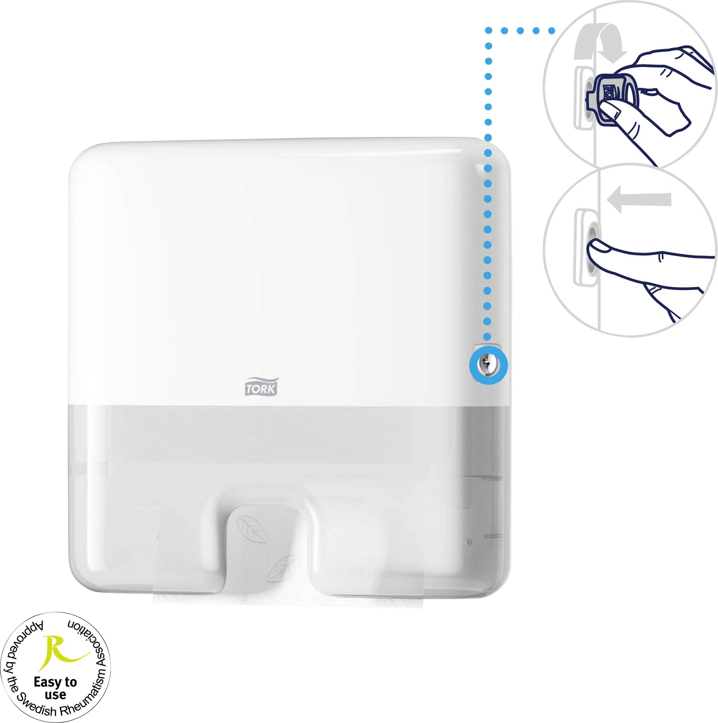 Un distributeur de papier essuie-tout blanc Tork avec fenêtre de visualisation et serrure, illustré avec un guide d'ouverture. En-dessous, un sceau indiquant "Facile à utiliser".