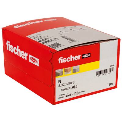 Boîte de produit Red Fischer étiquetée « fischer » et « N 8x120/80 S », avec code-barres et quantité 50x.