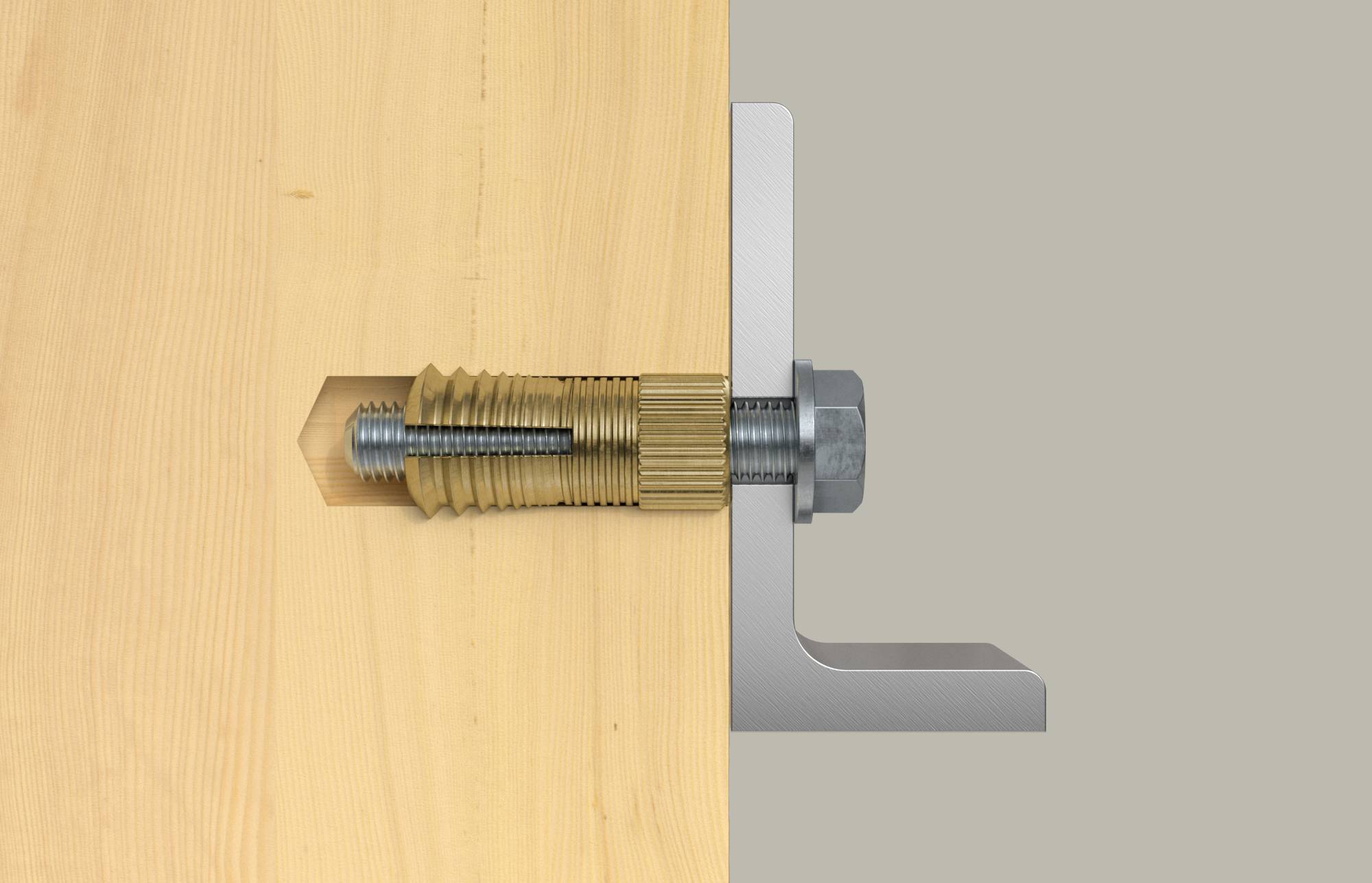 Coupe transversale d'un boulon filetré fixant un panneau de bois à une équerre métallique.
