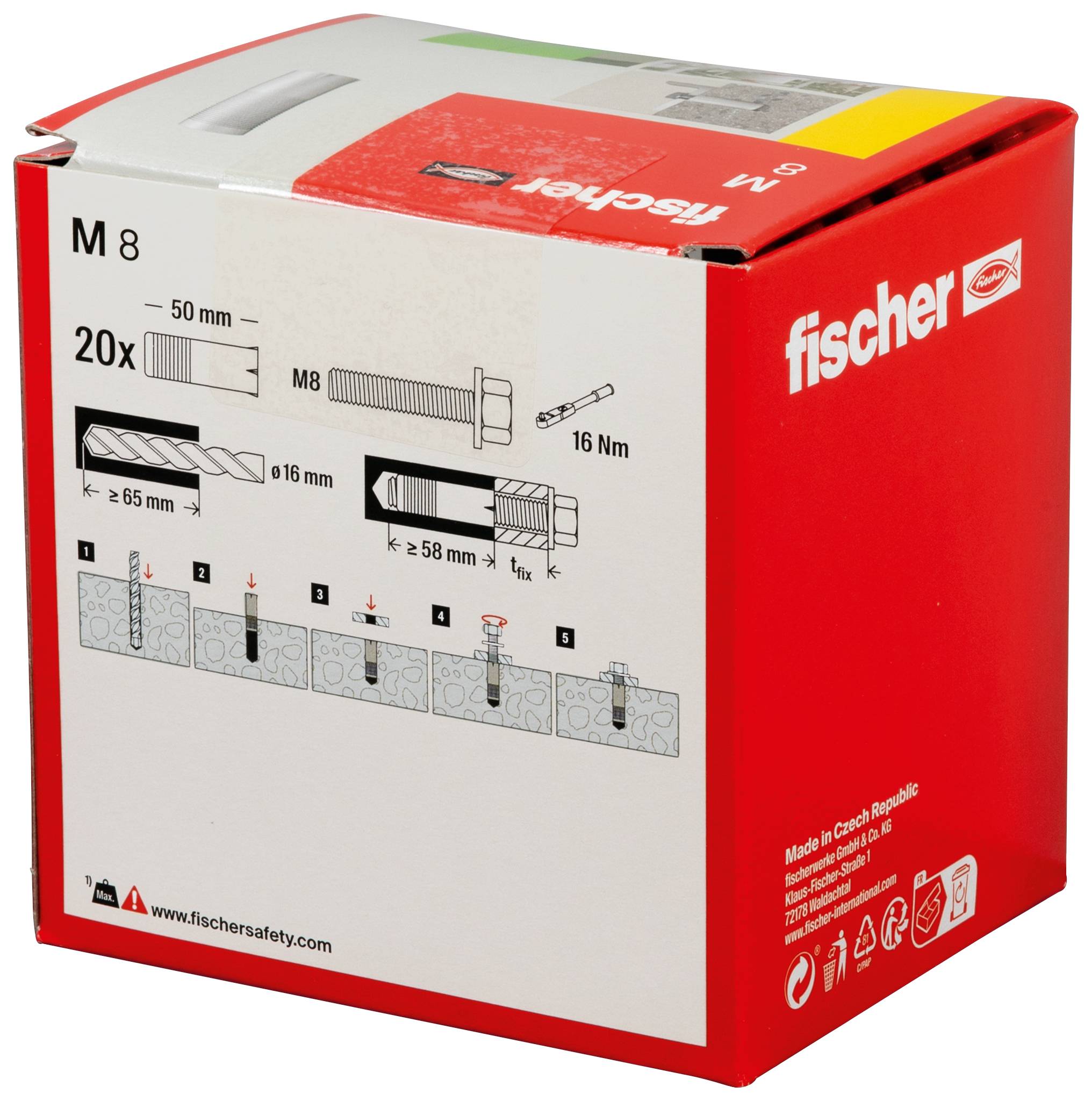 Kit d'ancres Red Fisher M8 en boîte contenant 20 chevilles, longueur 50 mm, diagramme d'installation et marquage Fischer.