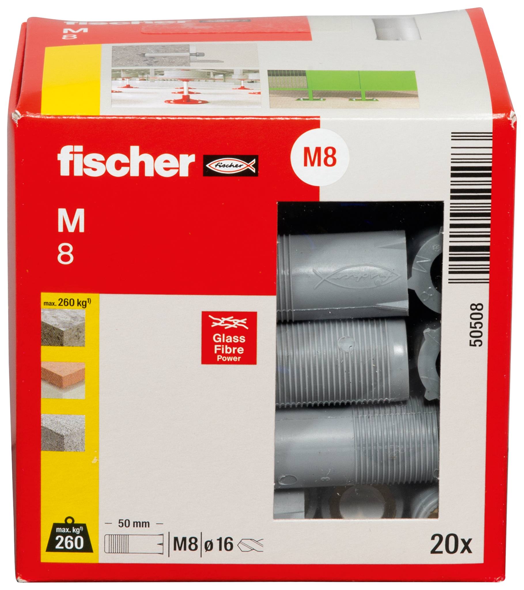 Boîte de prise murale Fischer M8 avec fenêtre montrant des chevilles en plastique gris, étiquetée 20x et max. 260 kg.