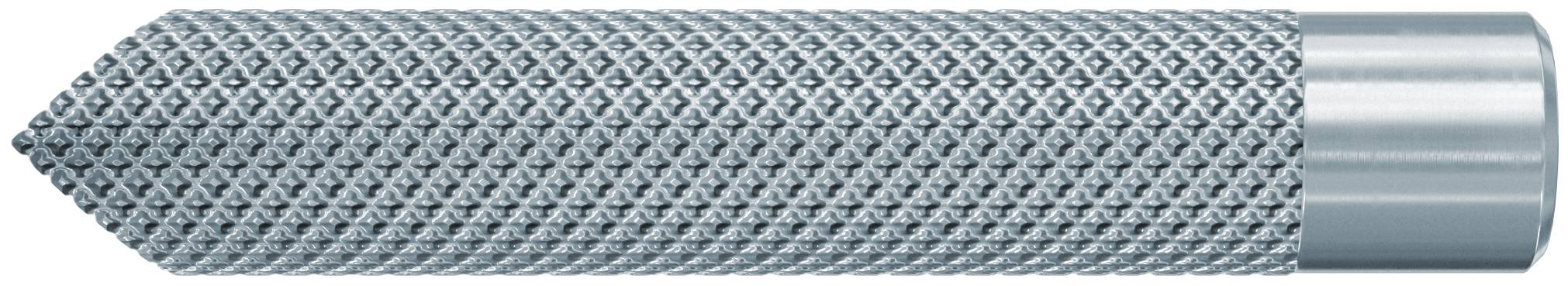 Une fraise rotative en métal ou un foret de fraisage avec une surface texturée à facettes de diamant et une tige cylindrique lisse sur un fond blanc.