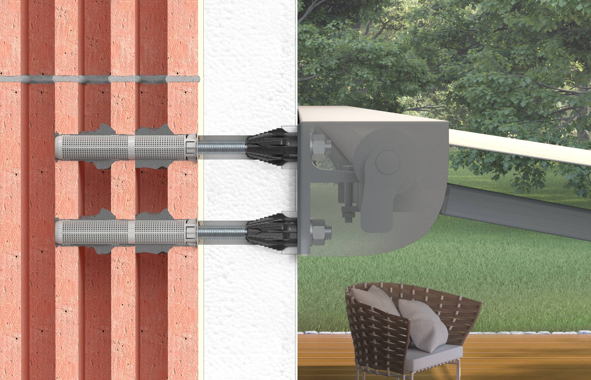 Coupe transversale montrant deux tiges filetées ancrant à travers un mur en brique dans une équerre métallique, fixant un auvent ou un dais à l'extérieur d'une zone de patio.
