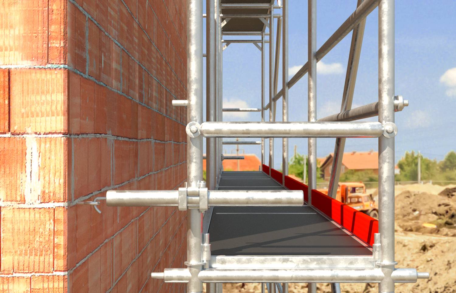 Échafaudage à côté d'un bâtiment en brique en construction, avec une plateforme de travail et des garde-corps rouges le long du bord.