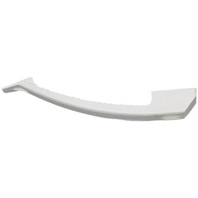 Bande de garniture en plastique blanc incurvée avec des languettes d'extrémité surélevées, présentée sur un fond uni.