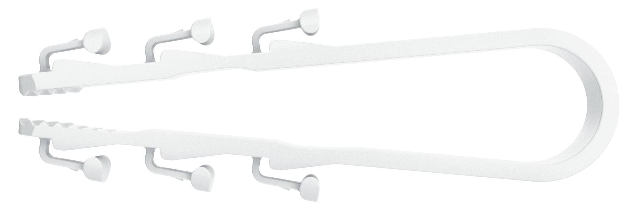 Cintre à vêtements en plastique blanc avec plusieurs crochets latéraux et une extrémité arrondie, présenté sur un fond uni.