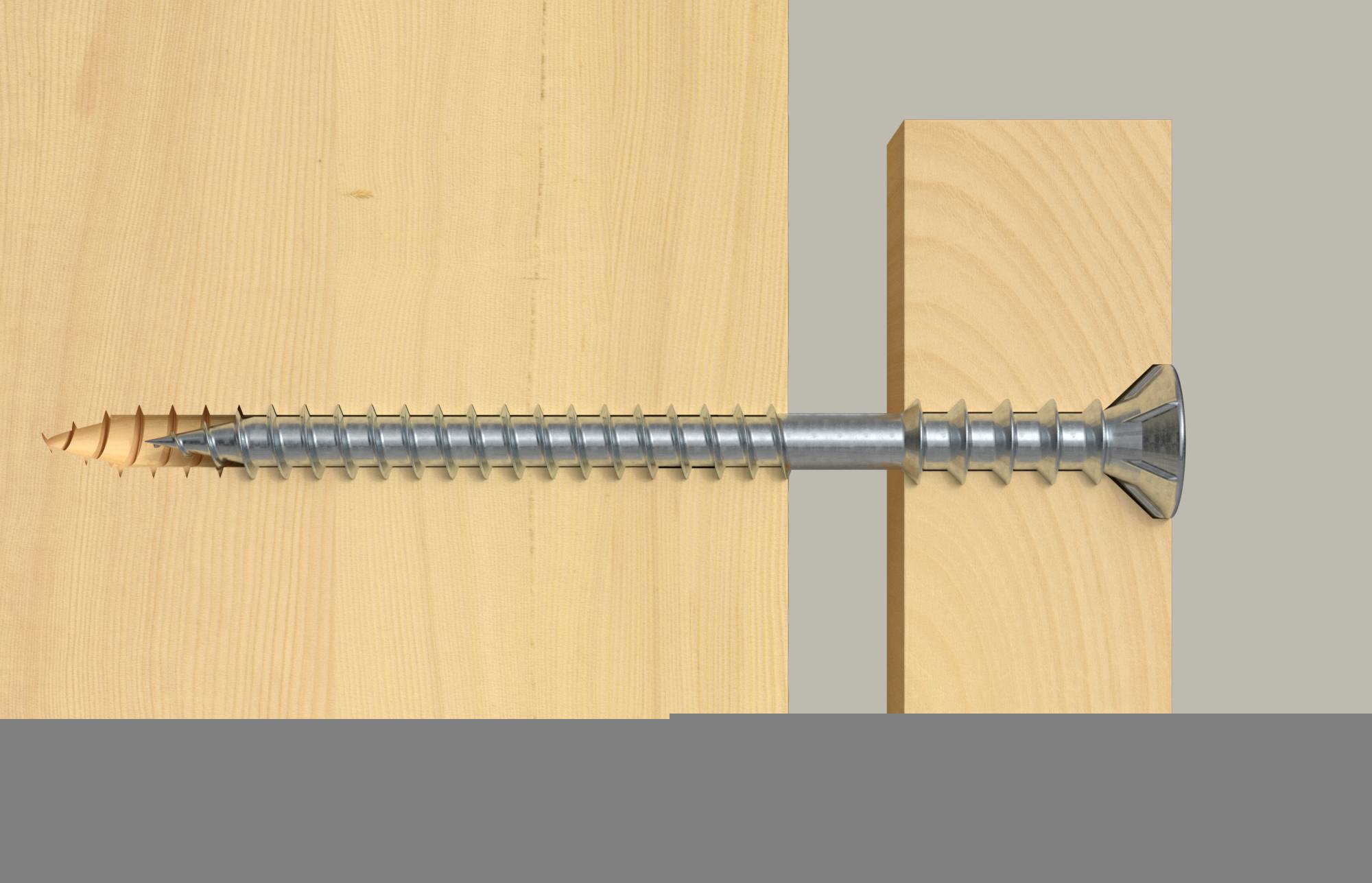 Section transversale d'une longue vis enfoncée à travers une planche de bois dans une autre, montrant l'arbre fileté et la tête fraisée pour la fixation.