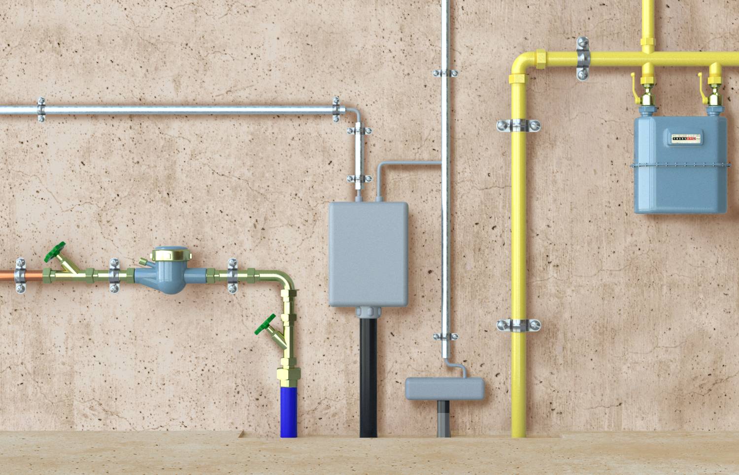 Système de tuyauterie utilitaire monté au mur avec des tuyaux jaunes et gris, des vannes et des boîtes de compteur sur un mur en béton.