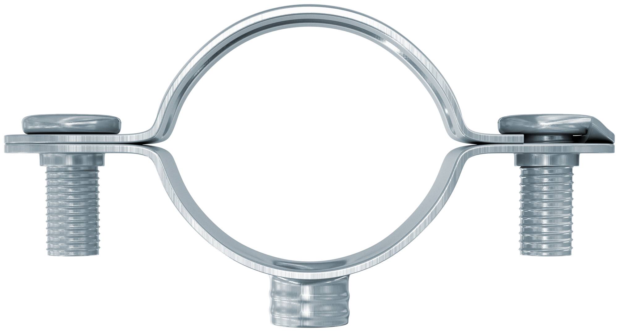 Collier de tuyau métallique avec deux boulons et une bague circulaire centrale, utilisé pour fixer un tuyau ou un câble à une surface.