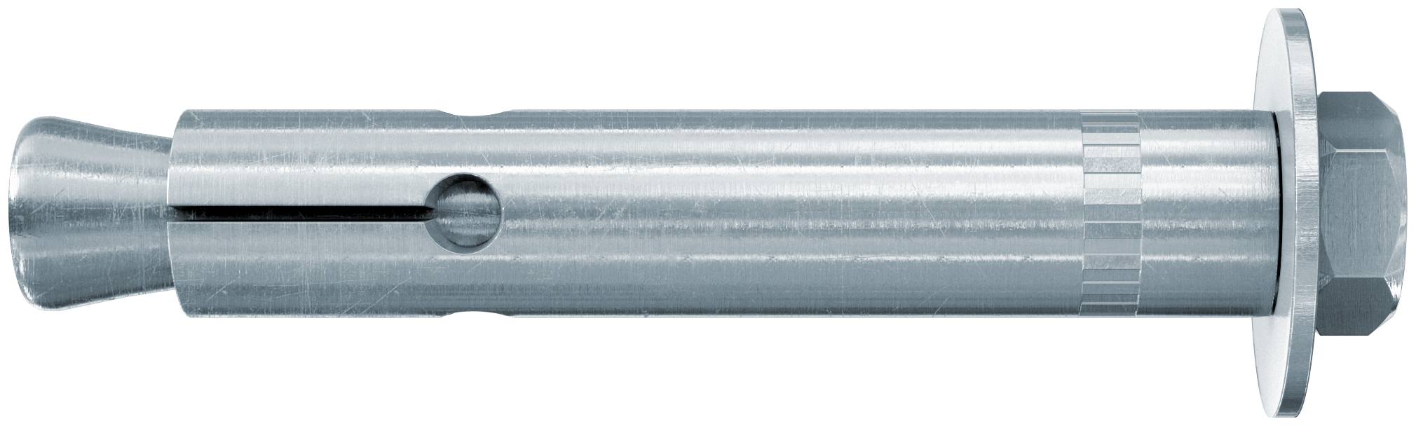 Boulon d'ancrage à expansion métallique avec manchon fendu, rondelle et écrou hexagonal montré en vue latérale sur fond blanc