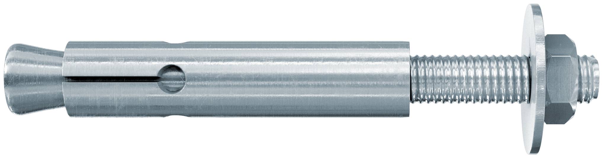 Boulon d'ancrage à expansion métallique avec manchon fendu, extrémité filetée, rondelle et écrou, présenté sur fond blanc.