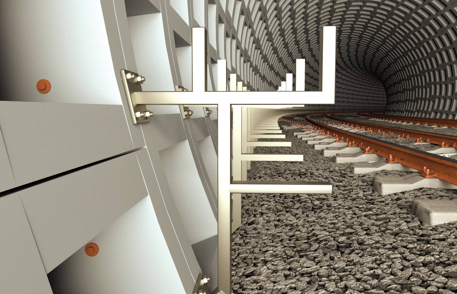 Vue écorchée 3D d'un tunnel avec des voies ferrées et un ballast en gravier, montrant un cadre structurel ou un support fixé au mur au premier plan.