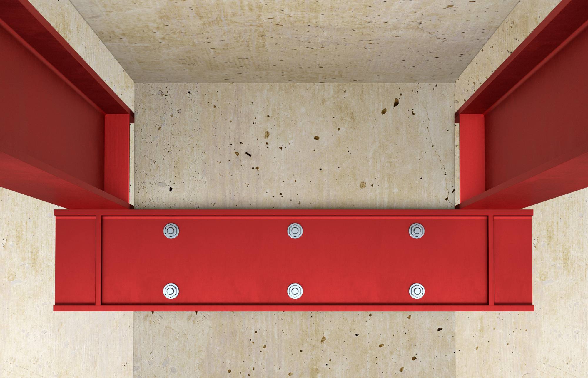Vue de dessus d'une unité de tiroir ou d'étagère en métal rouge installée dans un renfoncement en béton beige, avec des têtes de boulons visibles sur le panneau avant.