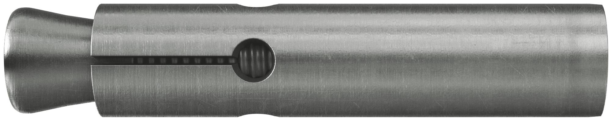 Gros plan d'un outil ou d'une buse cylindrique en acier inoxydable avec une extrémité évasée et un détail de fente latérale sur un fond blanc.