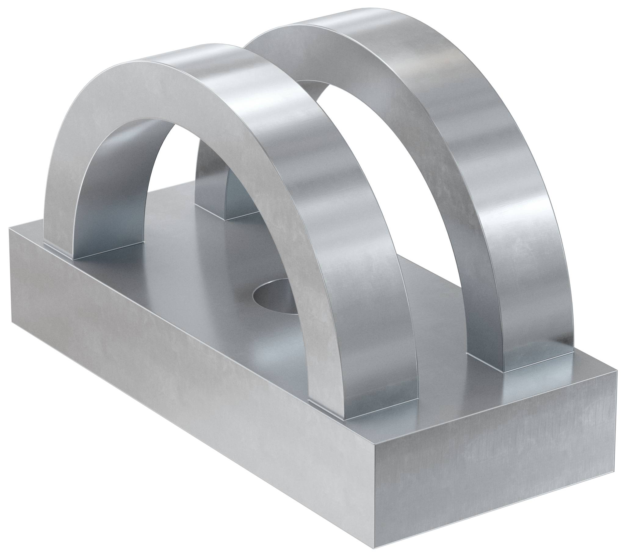 Fixture usiné en métal avec deux grands supports arqués courbes montés sur une plaque de base rectangulaire, présenté dans une vue de style produit épuré.