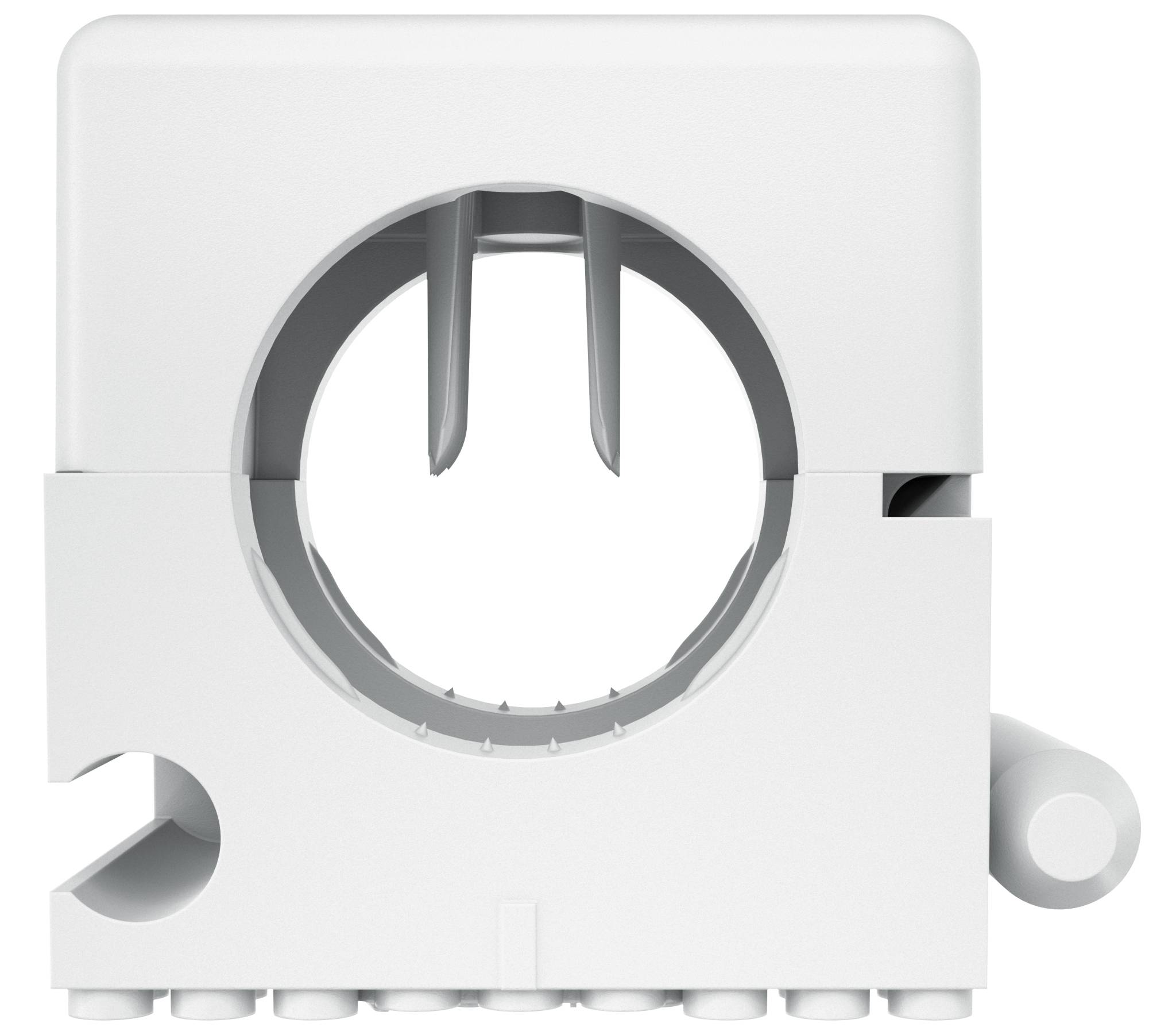 Connecteur de prise électrique en plastique blanc avec ouverture circulaire à l'avant, deux broches métalliques internes et languettes de montage latérales