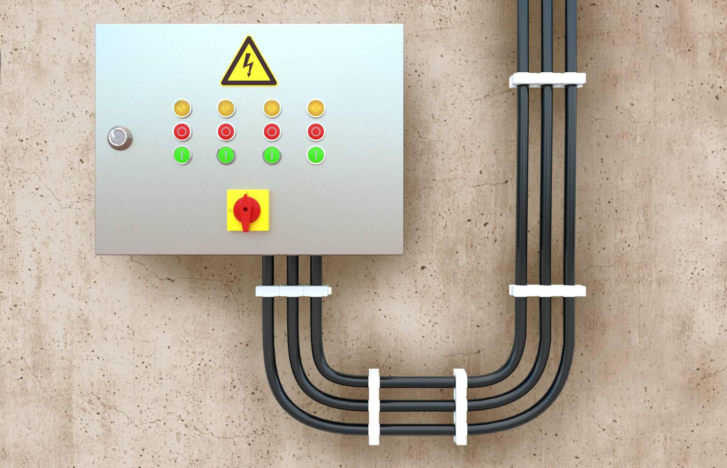 Boîtier de commande électrique mural avec symbole d'avertissement, voyants indicateurs et interrupteur de déconnexion rotatif rouge relié par des conduits à droite.
