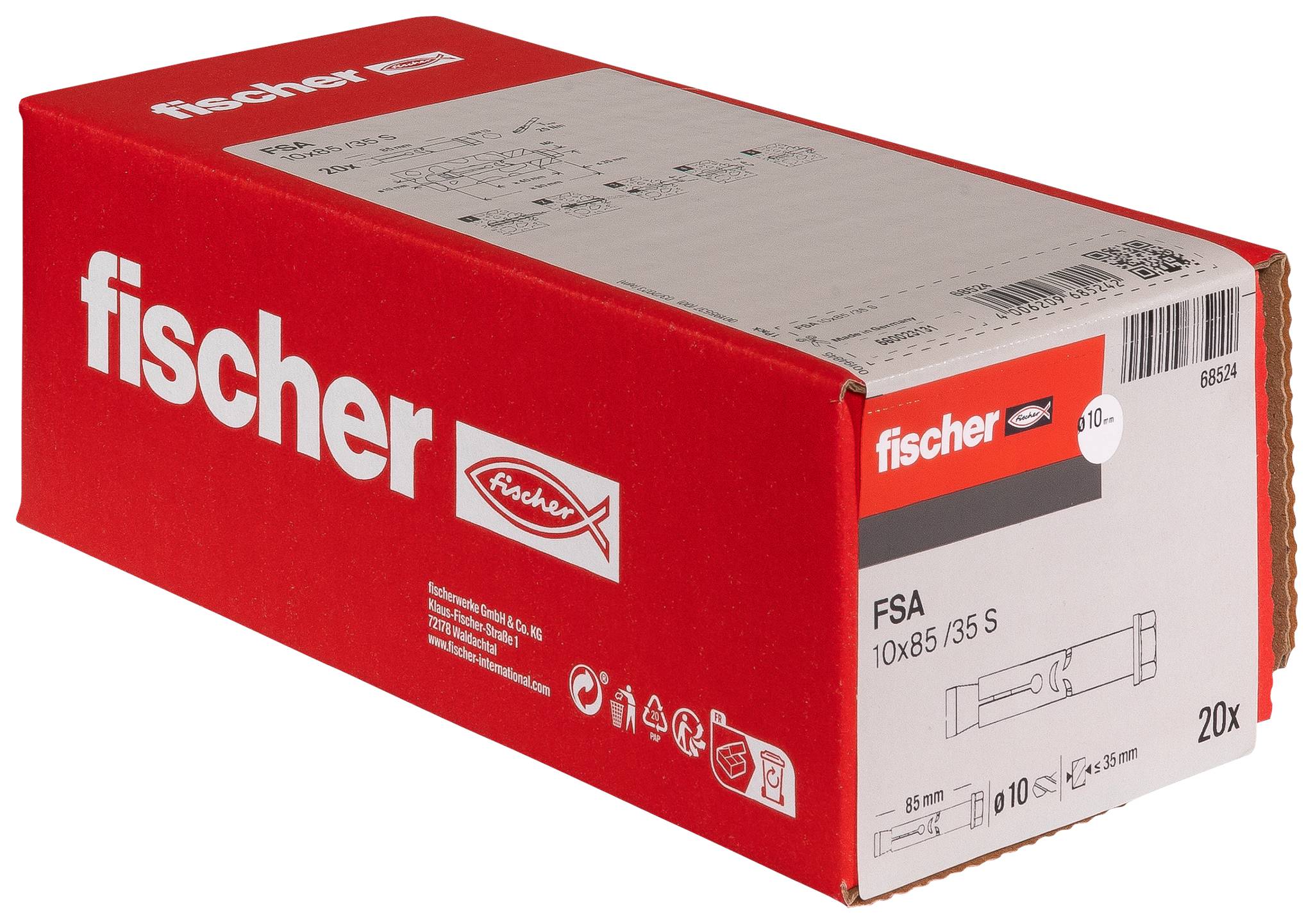 Boîte rouge Fischer de chevilles Fischer FSA 10x85/35 S, étiquetée 20x, présentée sur fond blanc.