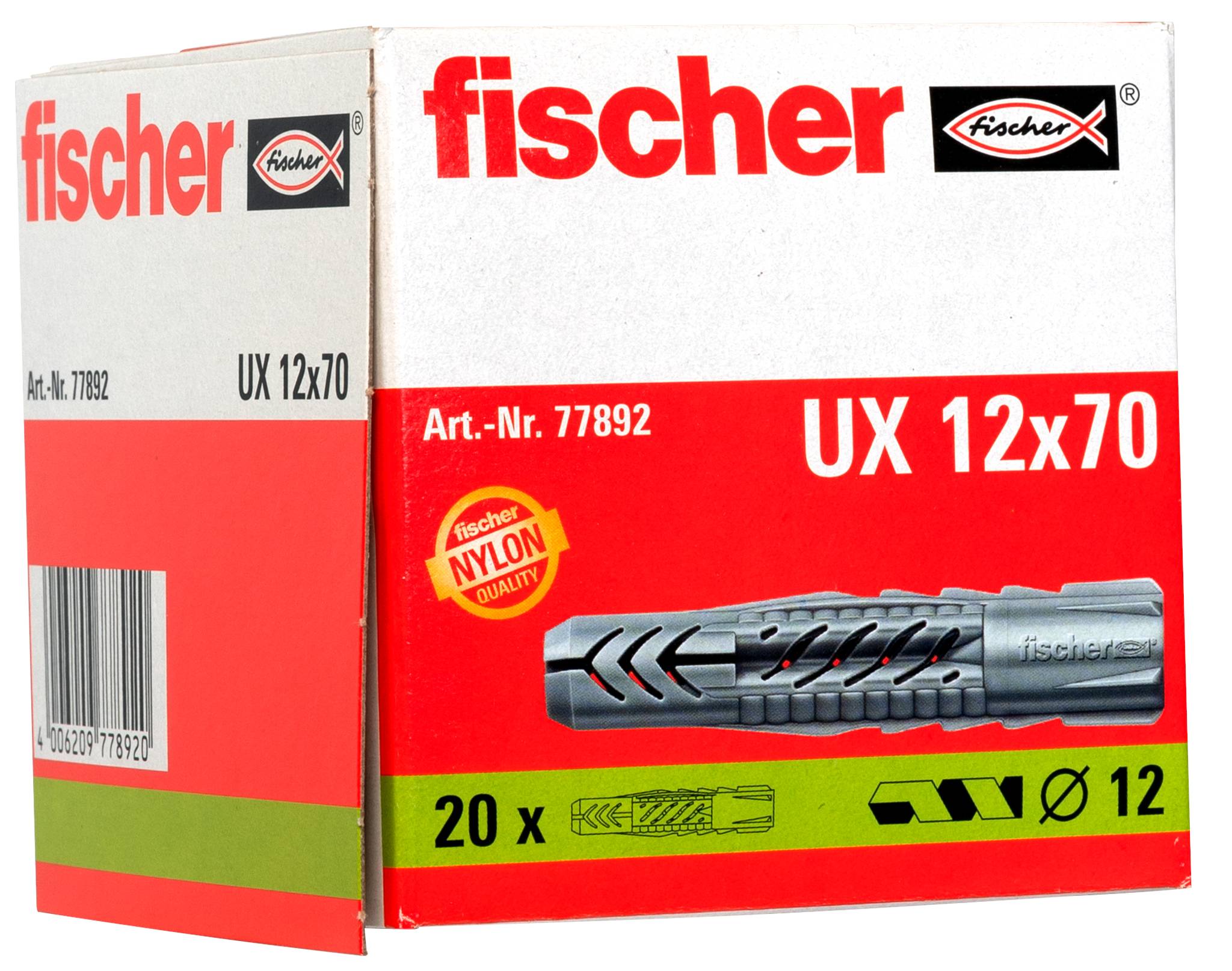 Image d'emballage de boîte de chevilles murales en nylon Fischer UX 12x70, portant la référence Art.-Nr. 77892, 20 pièces, pour trous de 12 mm.