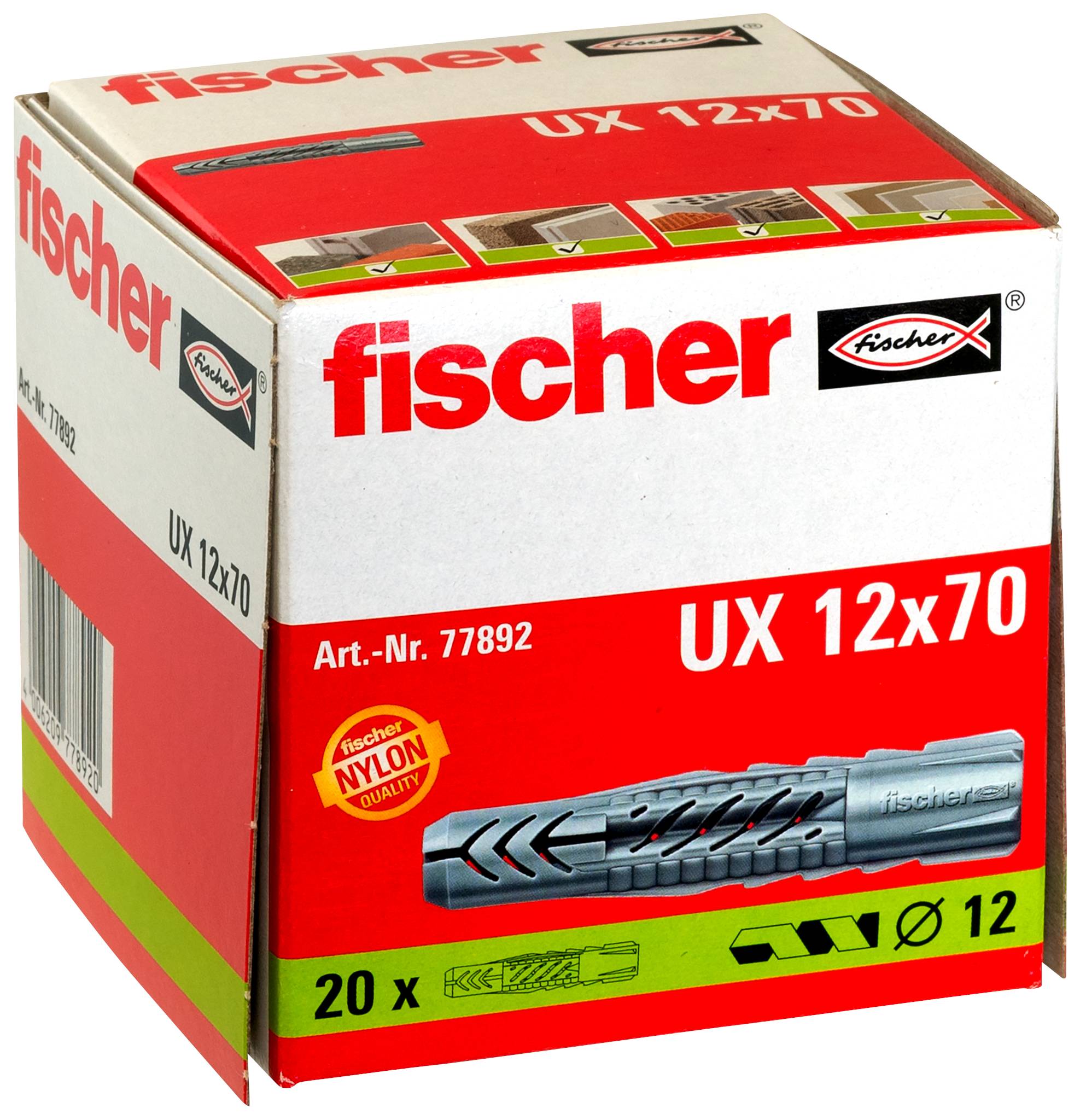 Boîte de chevilles murales Fischer UX 12x70 en nylon, marquée « 20x » et « Art.-Nr. 77892 », avec une image de l'ancre grise sur le devant.