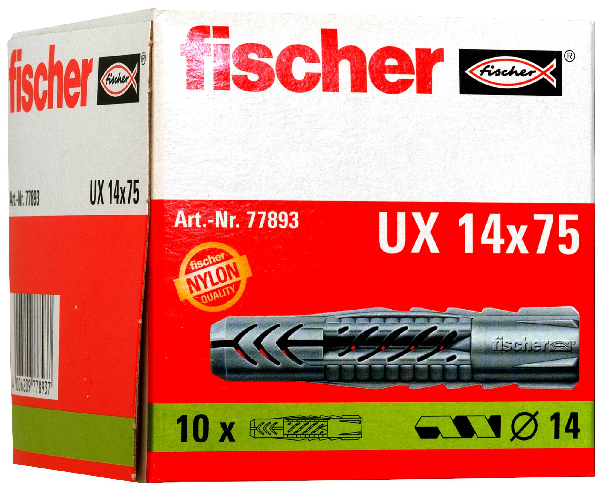 Paquet de chevilles murales nylon Fischer UX 14x75, présentant une ancre noire, une quantité de « 10x », et « Art.-Nr. 77893 » sur une boîte rouge et blanche.