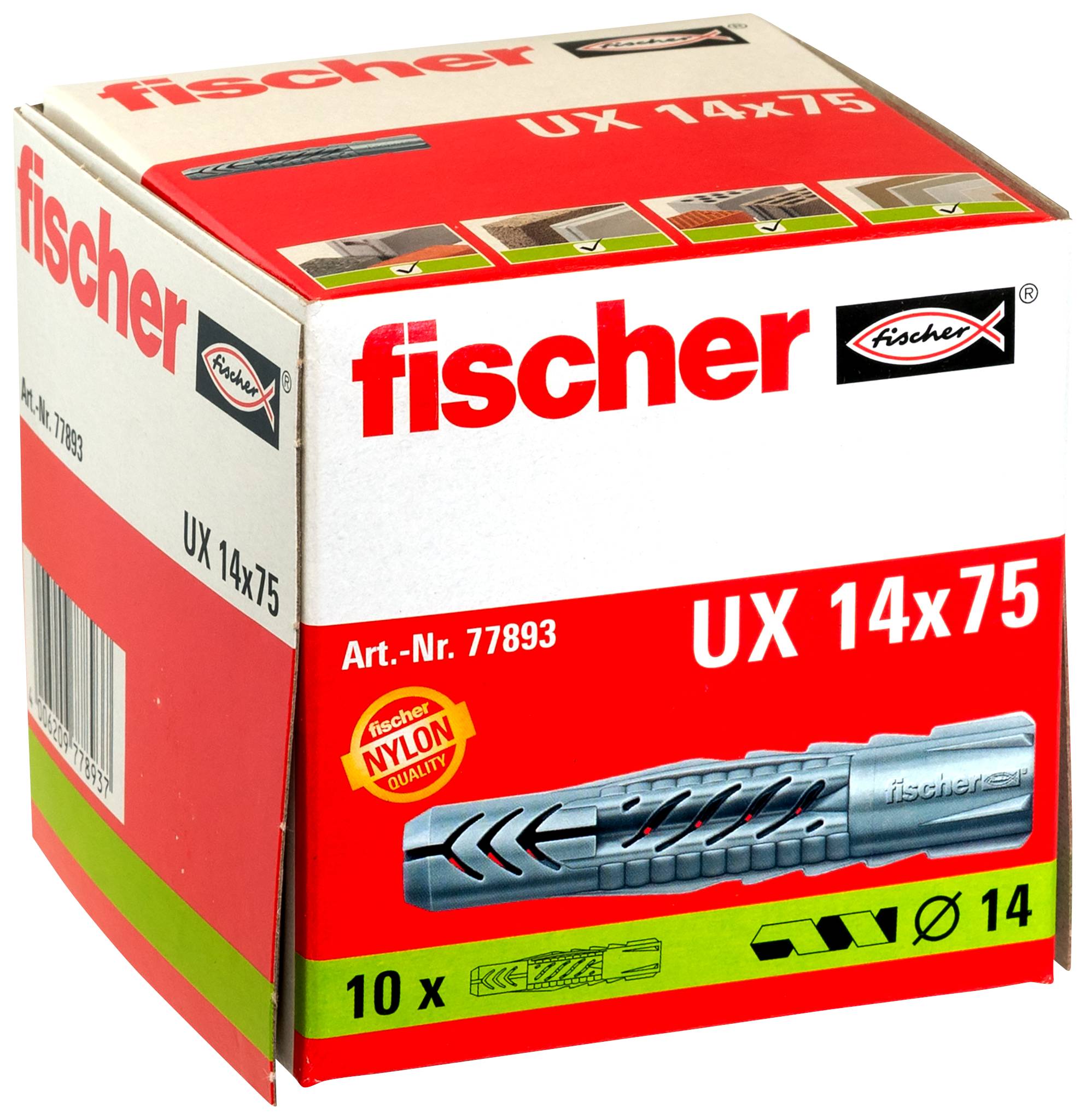 Boîte de chevilles murales en nylon Fischer UX 14x75, montrant l'image du produit et un paquet de 10.