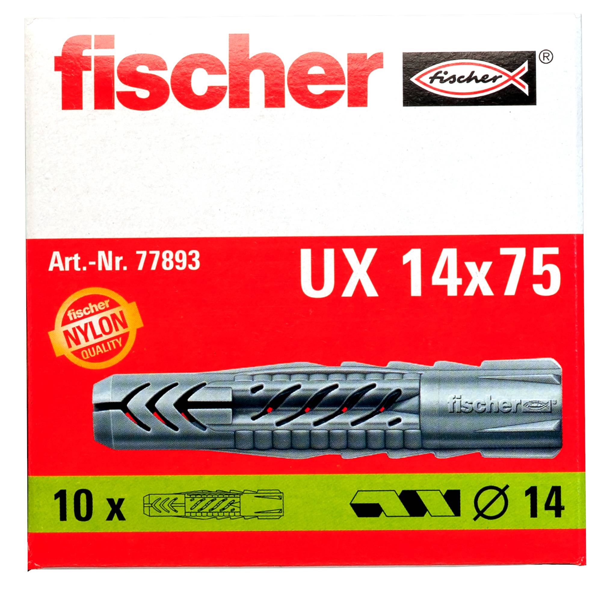 Paquet de chevilles murales nylon Fischer UX 14x75, montrant 10 pièces et un diamètre de perceuse de 14 mm.