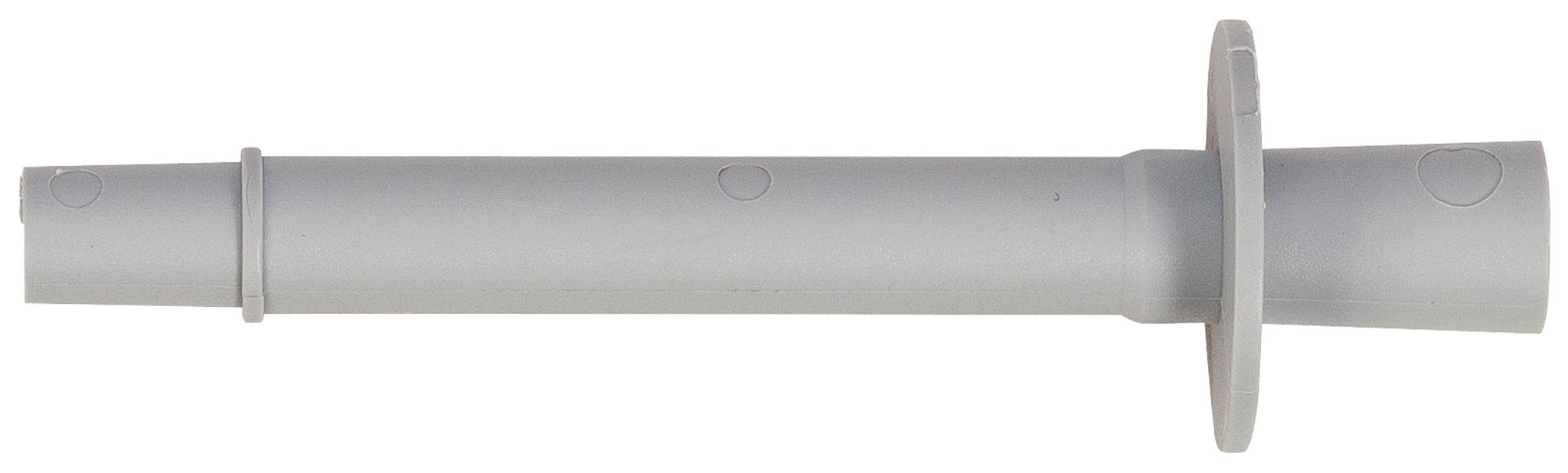 Raccord de tuyau ou tube en plastique gris avec une bride centrale, présenté horizontalement sur un fond blanc.