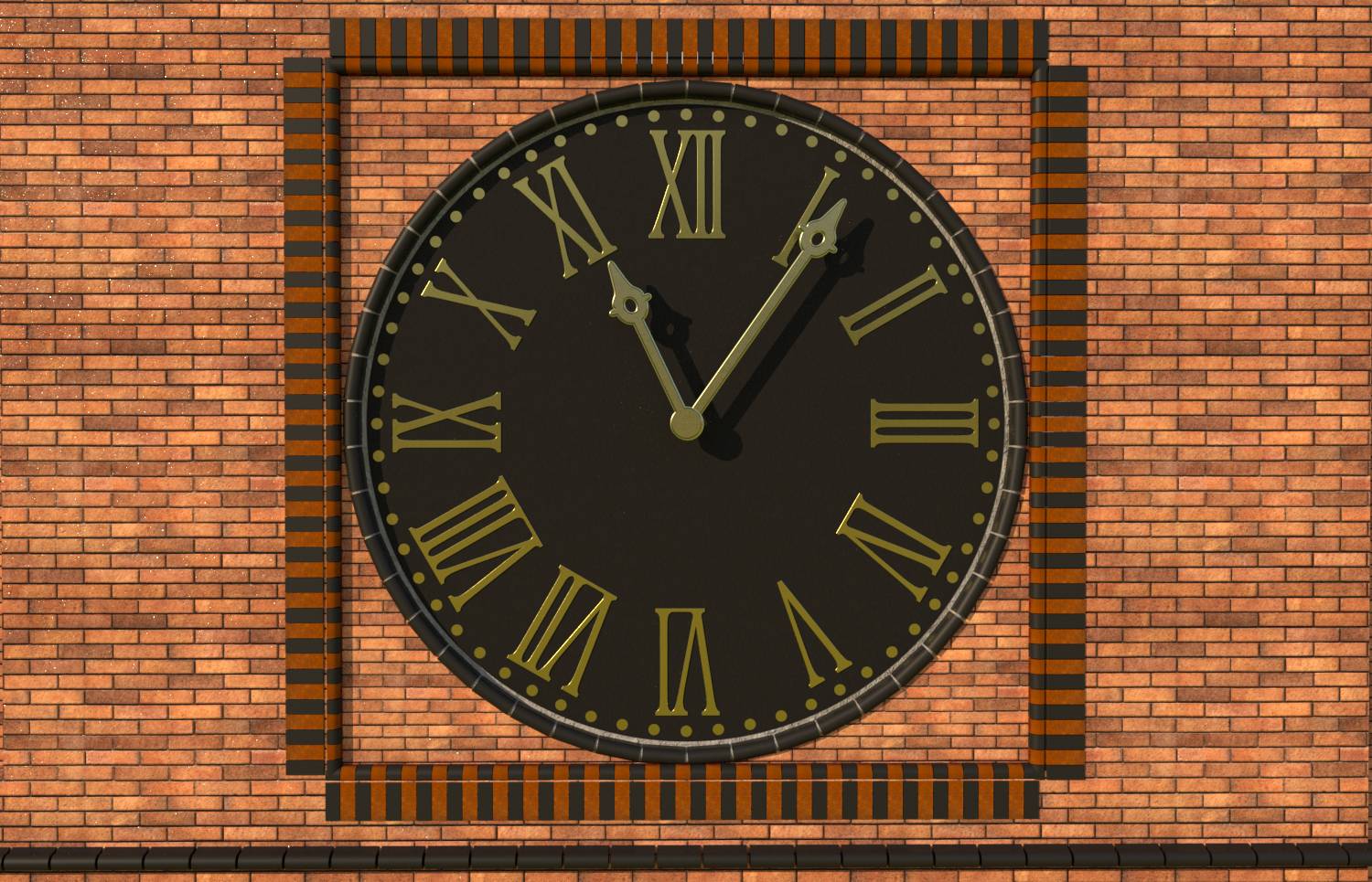 Grande horloge ronde sur un mur de brique, affichant environ 11h05, encadrée par une bordure carrée rayée.