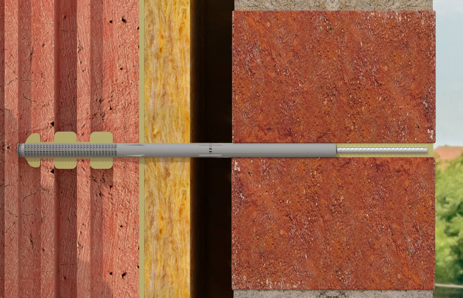 Coupe transversale montrant un long boulon d'ancrage en métal traversant des couches empilées de maçonnerie ou de pierre, illustrant le scellement structurel dans un assemblage de mur.