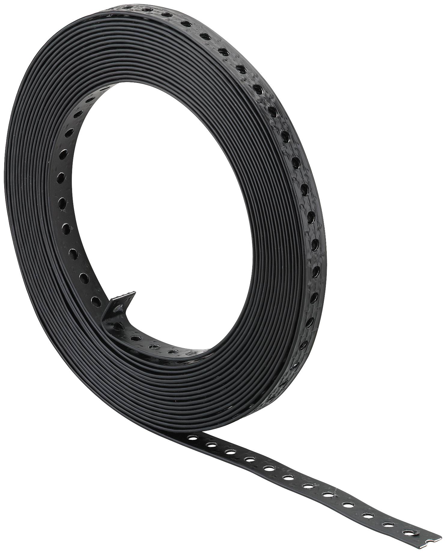 Rouleau de sangle ou de ruban perforé noir enroulé avec une extrémité lâche s'étendant vers l'extérieur sur un fond blanc.