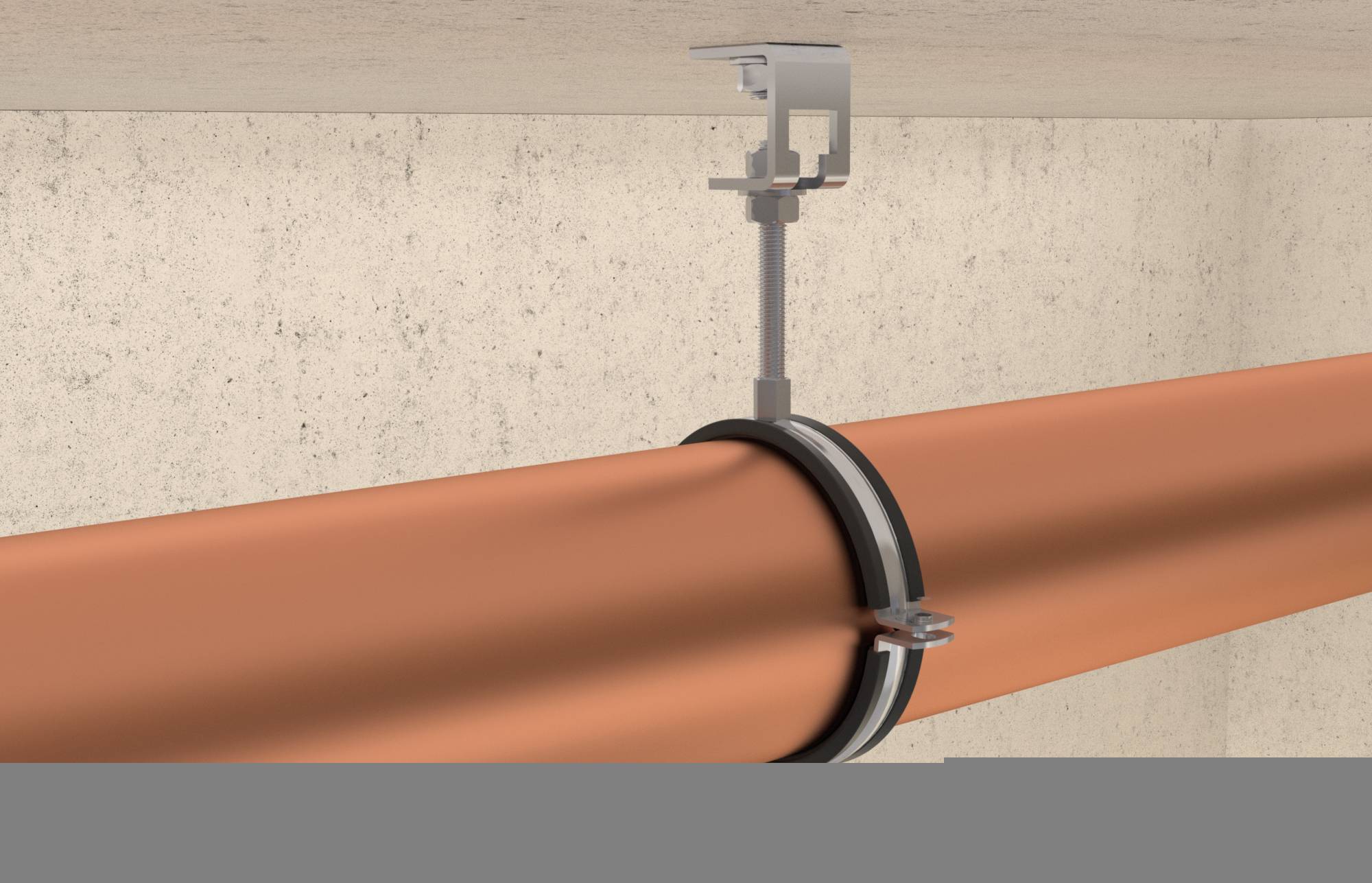 Tuyau de cuivre fixé à un plafond en béton par un collier de suspension métallique, montrant une installation de plomberie suspendue.