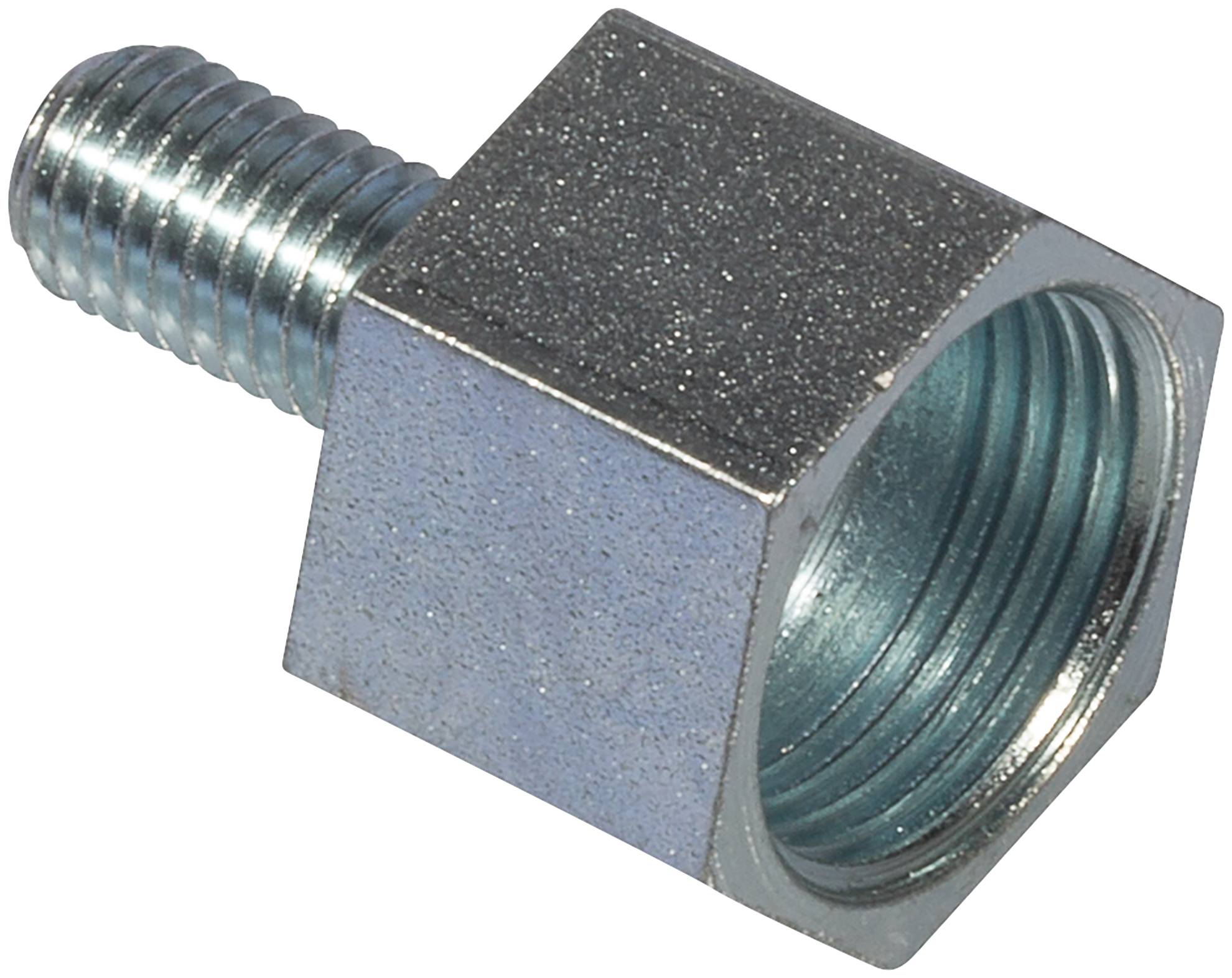 Adaptateur hexagonal fileté en métal avec un bout de boulon mâle d'un côté et une ouverture filetée femelle de l'autre.