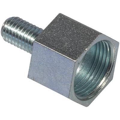 Adaptateur hexagonal fileté en métal avec un bout de boulon mâle d'un côté et une ouverture filetée femelle de l'autre.