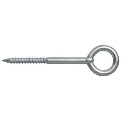 Vis à œil en métal avec une tige filetée pointue et une tête de boucle circulaire, présentée sur un fond blanc.