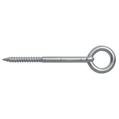Boulon à oeillet de métal avec une tige filetée et une tête en boucle circulaire, présenté horizontalement sur un fond blanc.