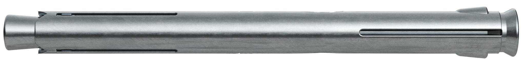 Une tige ou un tube métallique cylindrique en argent avec des sections fendues, montré horizontalement sur un fond blanc uni.