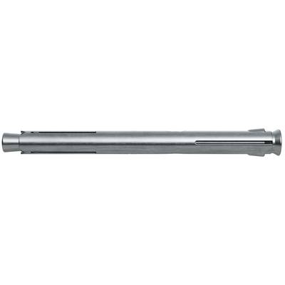 Une tige ou un tube métallique cylindrique en argent avec des sections fendues, montré horizontalement sur un fond blanc uni.