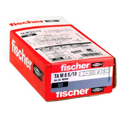 Boîte de produit Red Fischer étiquetée « fischer » et « TA M 6 S/10 », affichant une quantité de 50 et les détails techniques d'emballage.